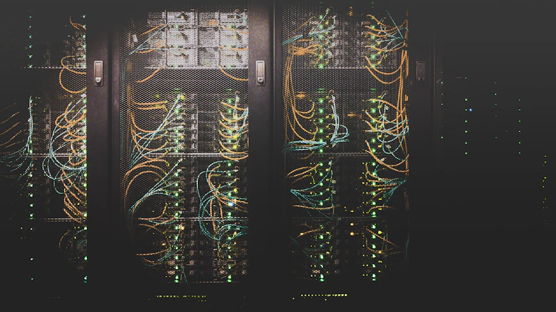Corredor de data center com racks de servidores iluminados em azul